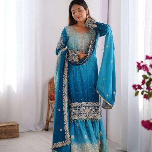 Women's Chinon Silk Sequence With Rivet Moti Work Straight Kurta With Sharara and Dupatta Set