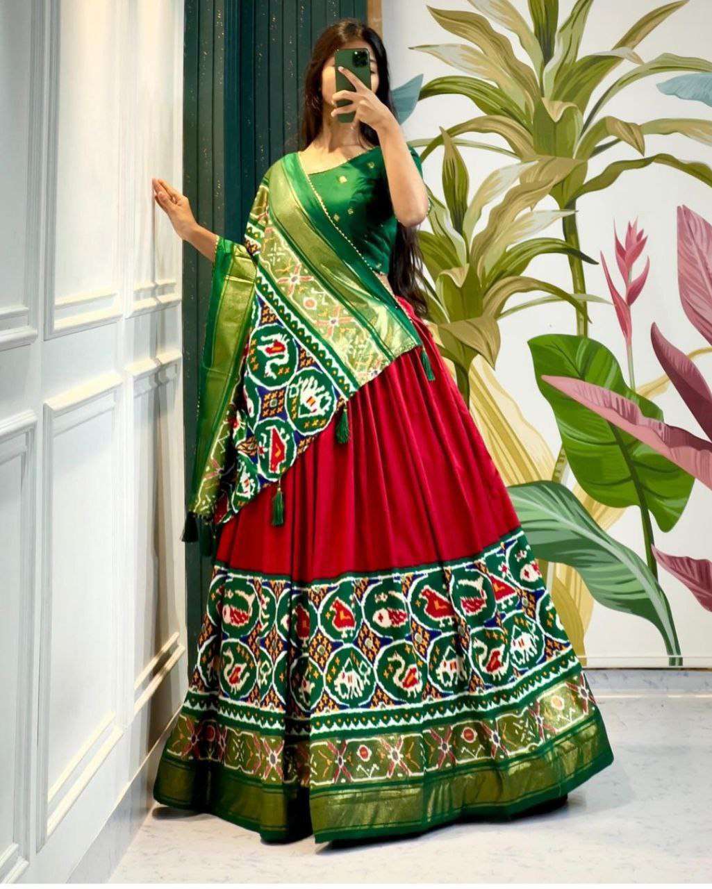 Women's Stitched Tussar Silk Patola Print Lehenga Choli Dupatta Set - Image 4